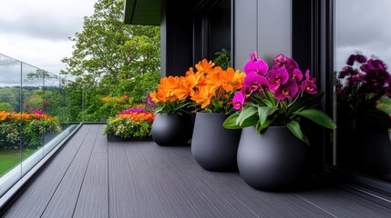 Balcony garden with vibrant flowers, modern apartment, scenic view. Use Home decor, real estate