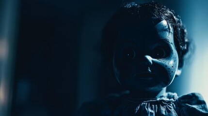 Eerie Vintage Doll in Dim Light Creating a Spooky Atmosphere with Shadows and Mysterious Vibes