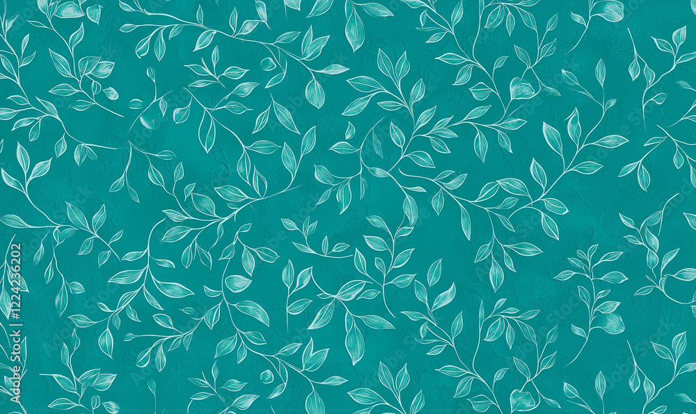Poster teal background with intricate white floral patterns, creating a delicate and elegant design.