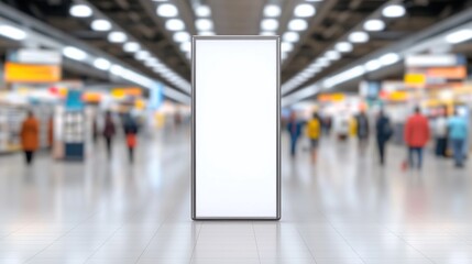 A blank advertising display stands prominently in a busy shopping area, surrounded by indistinct crowds and bright lights, evoking a sense of anticipation.