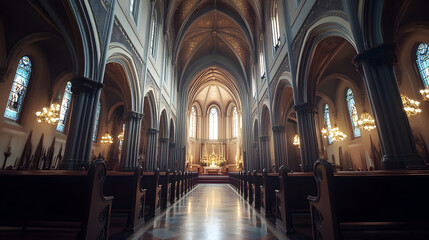 Obraz premium Gothic Revival Church Interior with Stunning Arched Ceiling and Ambient Lighting : Generative AI