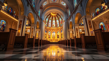Obraz premium Elegant and Grand Cathedral Interior with Stained Glass and Ornate Architectural Details : Generative AI