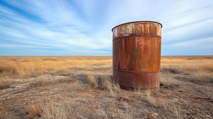Rusty Metal Barrel in Open Field under Vast Blue Sky