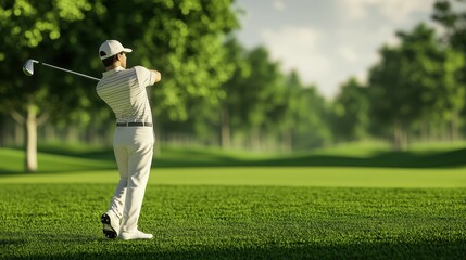 Golfer Performing a Powerful Golf Swing on a Lush Green Course