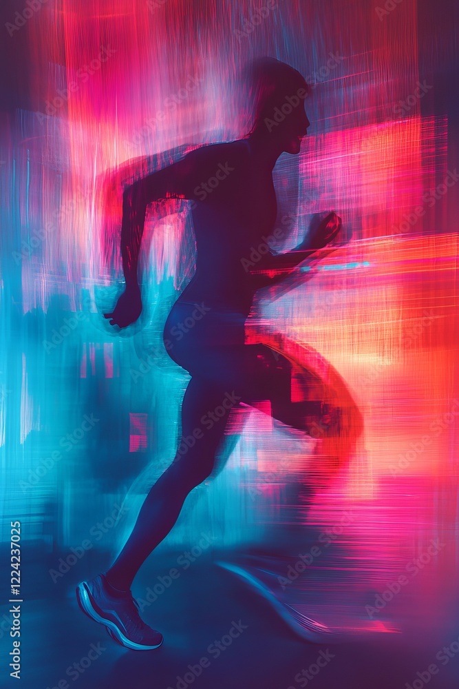 Poster dynamic motion capture of a silhouette running in colorful light