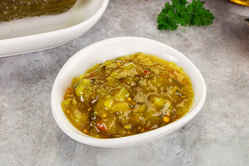 Souce gherkin relish with marinated cucumbers
