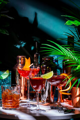 Summer alcoholic cocktail party with ready-made cocktails, bar tools and bottles of spirits on...