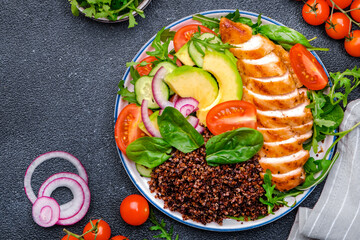Harvard plate with chicken as protein, quinoa as carbohydrates, vegetable and herbs as fiber, avocado as healthy fats on black background, top view