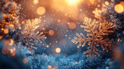 Fototapeta premium Dark Blue Winter Wonderland Background with Golden Snowflakes and Bokeh Lights