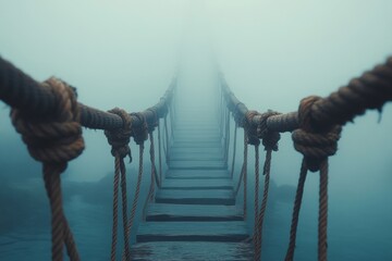 Naklejka premium A bridge with ropes hanging from it and a foggy sky in the background