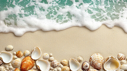 Seashells on sandy beach with gentle waves and foam