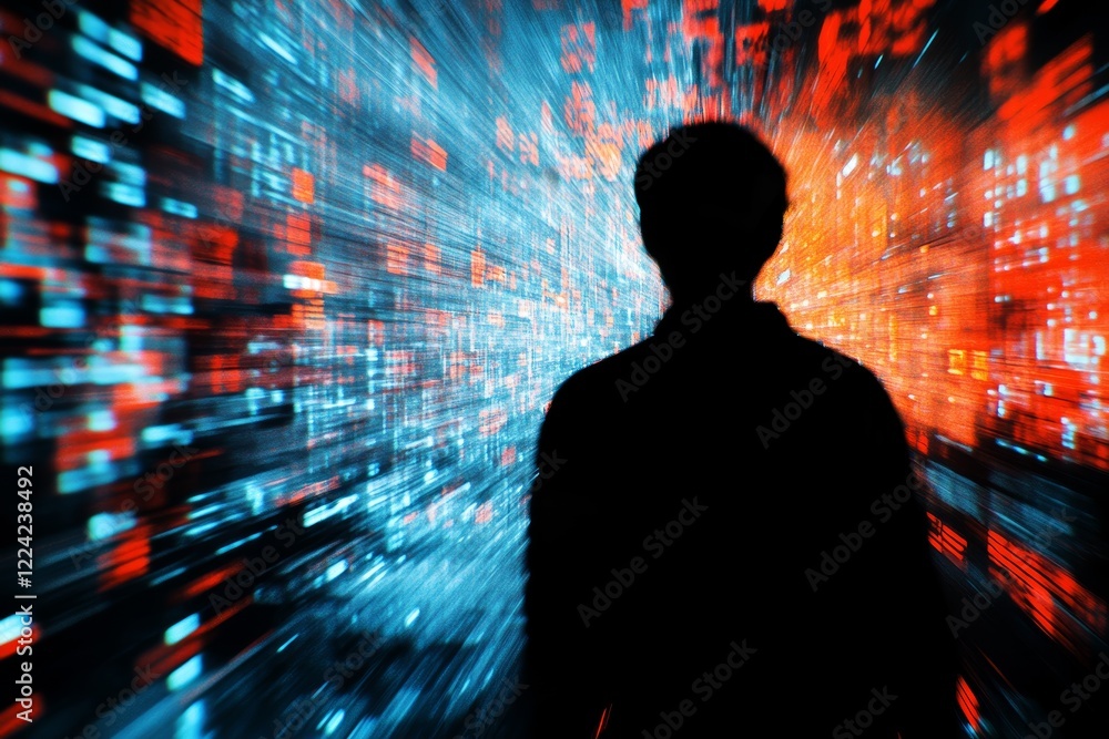 Poster exploring digital realms: the convergence of light and motion in abstract art