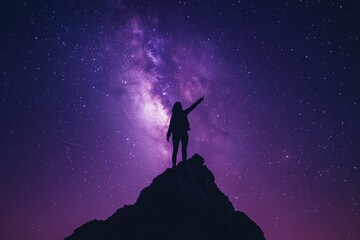 Fototapeta premium A man is standing on a mountain and pointing to the sky