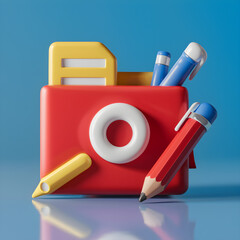 A 3D render of a colorful collection of stationery items, including a red pencil case, yellow floppy disk, blue pens, and a yellow pencil. The objects are arranged neatly against solid blue background