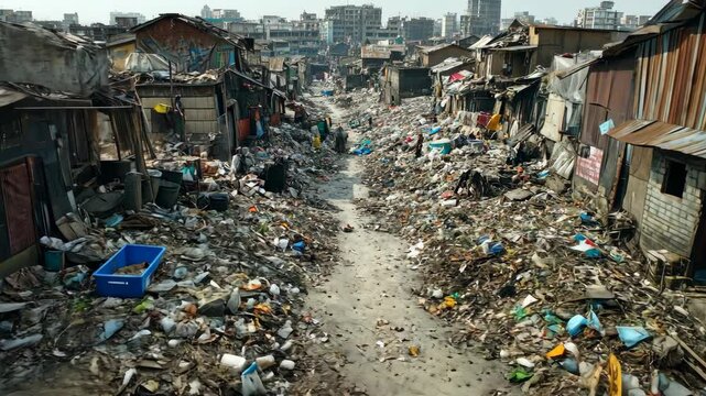 Overcrowded Urban Slum with Extensive Waste and Debris Poverty Developing Country