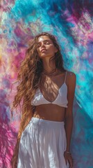 Young Woman Posing Gracefully Against Colorful Abstract Background