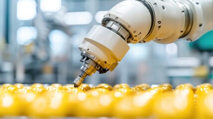 Robotic arm sorting yellow objects on conveyor belt in factory.  Industrial automation