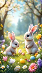 Cute easter bunnies in sunny spring meadow surrounded by painted eggs and flowers
