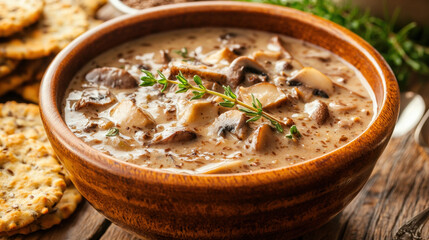 rich and creamy keto mushroom soup in rustic bowl