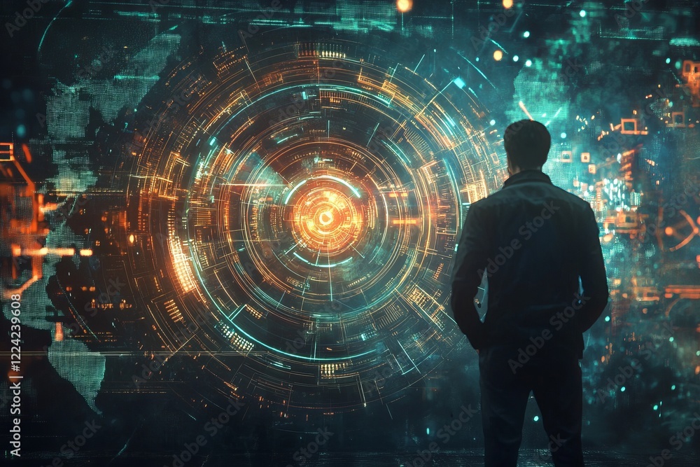 Poster futuristic concept of a man analyzing a digital interface with holographic elements