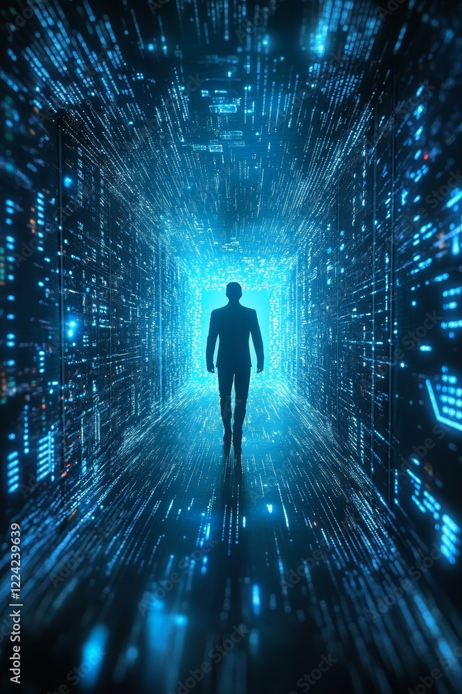 Poster silhouette in a futuristic digital corridor with data streams and cyber elements