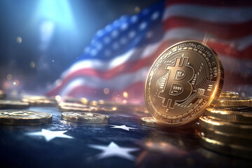 Bitcoin BTC Symbol Münze mit USA Fahne Stars and Stripes im Hintergrund im 3:2 Querformat. Generative AI.
