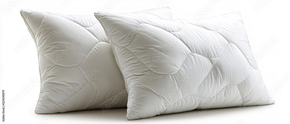 Poster two white pillows with quilted pattern on a white background in a studio setting