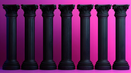 Elegant Black Columns Against Vibrant Pink Background in Row
