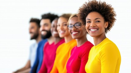A diverse group of smiling individuals stands in a line, showcasing joy and unity, dressed in vibrant colored tops against a neutral background.