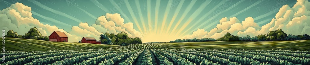 Poster a large field with a red barn in the background