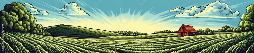 Poster a large field with a red barn in the background
