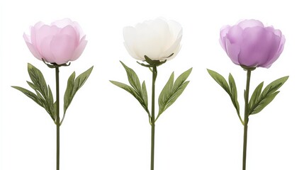 A set of watercolor illustrations featuring light pink peony flowers on a white background, with copies space for greetings, messages and bouquets.