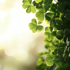 Bright green clover leaves against a soft blurred background with natural sunlight shining through
