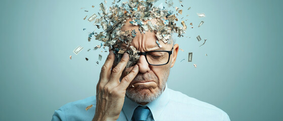 Overwhelmed senior executive office setting emotional visual corporate environment introspective perspective mental strain