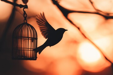 Fototapeta premium Cage free concept with a bird flying out of a cage.