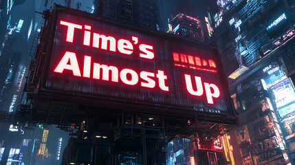 A massive digital billboard in a cyberpunk city displaying Time's Almost Up in flickering text3