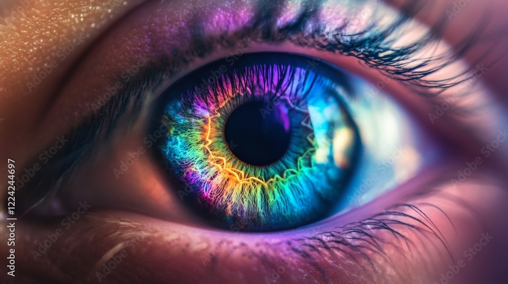 Poster close-up view of colorful eye with rainbow iris patterns and detail