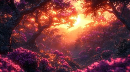 Sunset in a magical forest, vibrant flowers, peaceful landscape, ideal for fantasy art