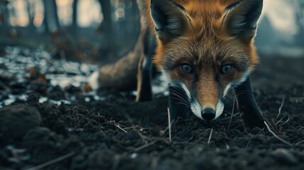 Obraz premium Close-up of a fox foraging on the forest floor during early spring, surrounded by trees and fallen leaves