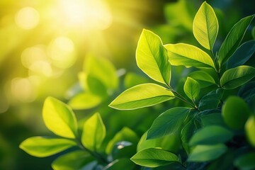Fototapeta premium Sunlight filters through vibrant green leaves creating a peaceful and natural background