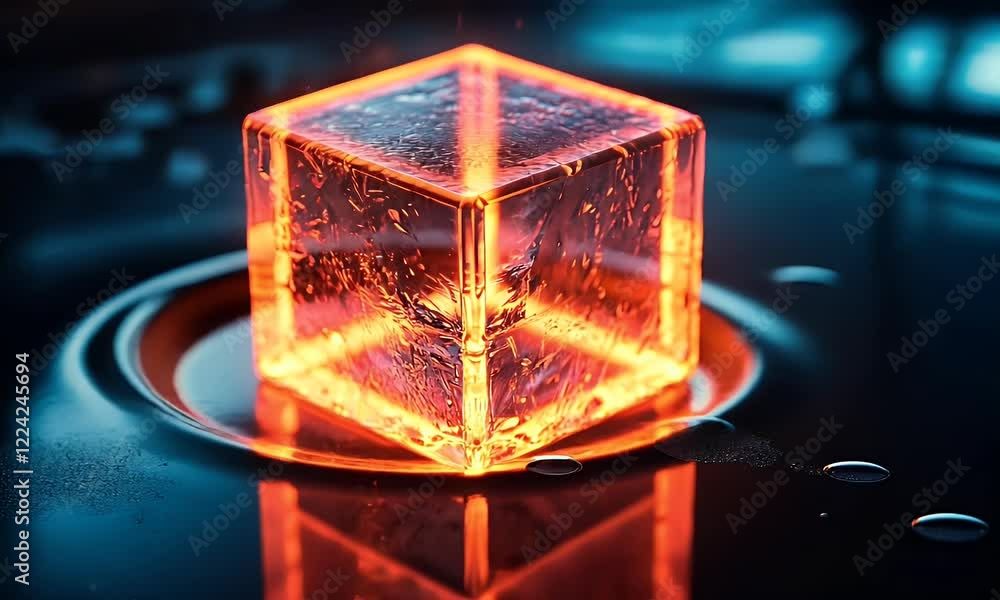 Poster Glowing Cube Reflecting on Dark Surface