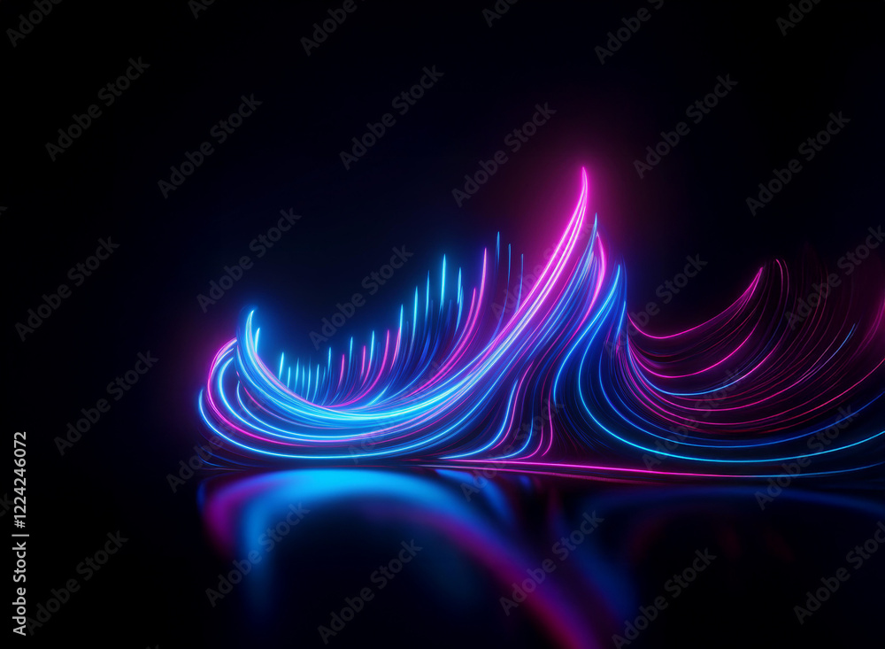 Poster abstract glowing lines in vibrant blue and pink hues form a dynamic, wave-like structure against a d