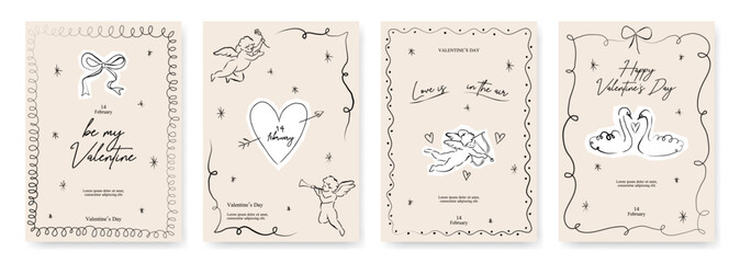 Valentine's day cupid card collection. Cute love sale flyer template, poster, label, ad, copy space, cover, banner design set. Modern line art background. Trendy hand drawn style. Vector illustration.