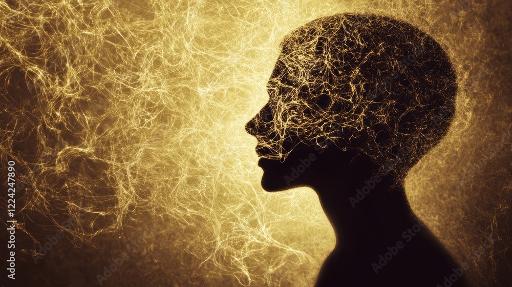 Poster silhouette of a human head with abstract neural network and glowing lines on a golden background
