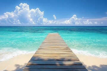 Vacation on a Tropical Island Beach with Crystal Clear Waters and Long Wooden Pier