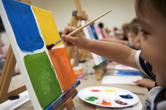 Child excitedly painting on a canvas in an art class