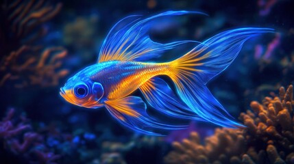 Fototapeta premium Vibrant blue fish swimming, coral reef background, aquarium, nature, poster
