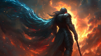 Warrior Contemplates Fiery Storm, Epic Fantasy Art