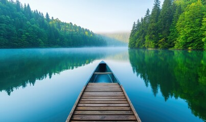 Serene Morning Mist on a Calm Lake with a Small Wooden Canoe