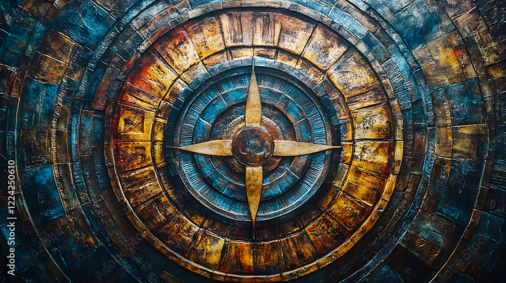 Poster intricate medieval compass rose design with rusted metallic texture on historical background : gener